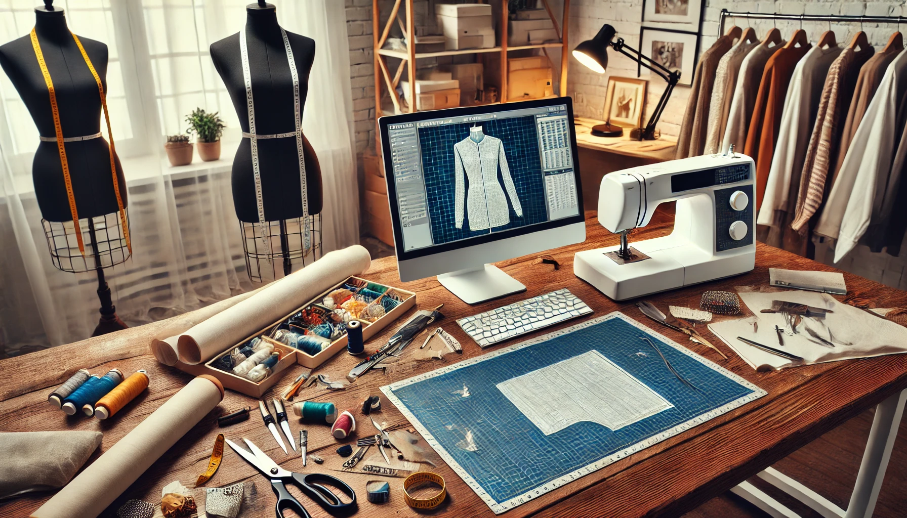 Estudiante de diseño de moda trabajando en patronaje, corte de telas y técnicas de costura en un espacio moderno, con maniquí, herramientas de costura y un ordenador mostrando un diseño en CAD, mostrando cómo estudiar moda te prepara para el diseño profesional.