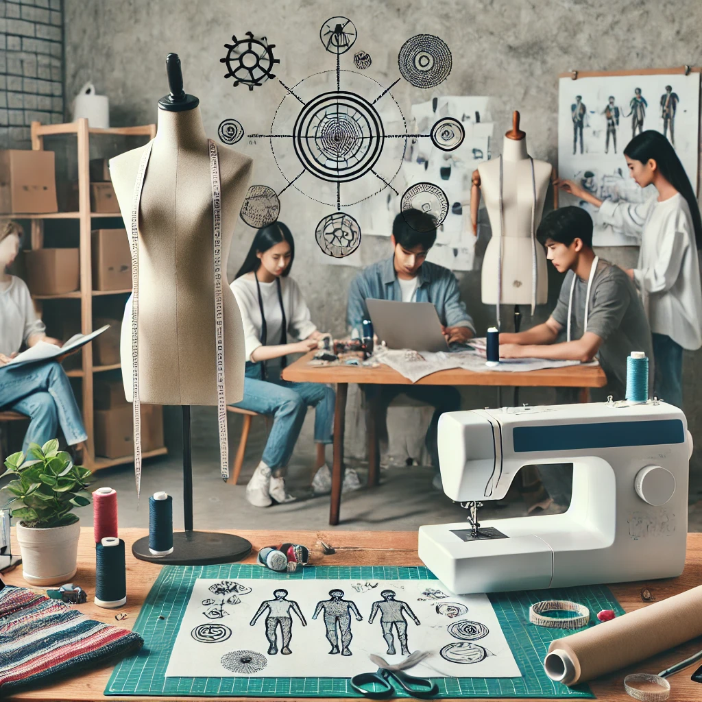 Grupo de estudiantes de diseño de moda trabajando en personalización y sostenibilidad, utilizando maniquíes, máquinas de coser y materiales textiles, demostrando cómo estudiar moda te prepara para el futuro del diseño.