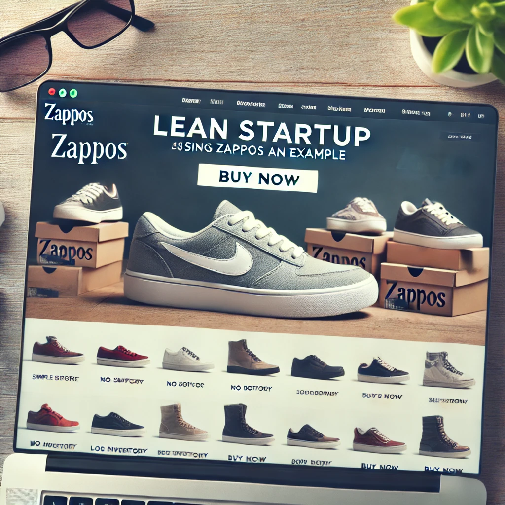 Ejemplo de una startup lean con Zappos, mostrando una tienda en línea básica de zapatos con fotos de productos locales y un botón de compra.