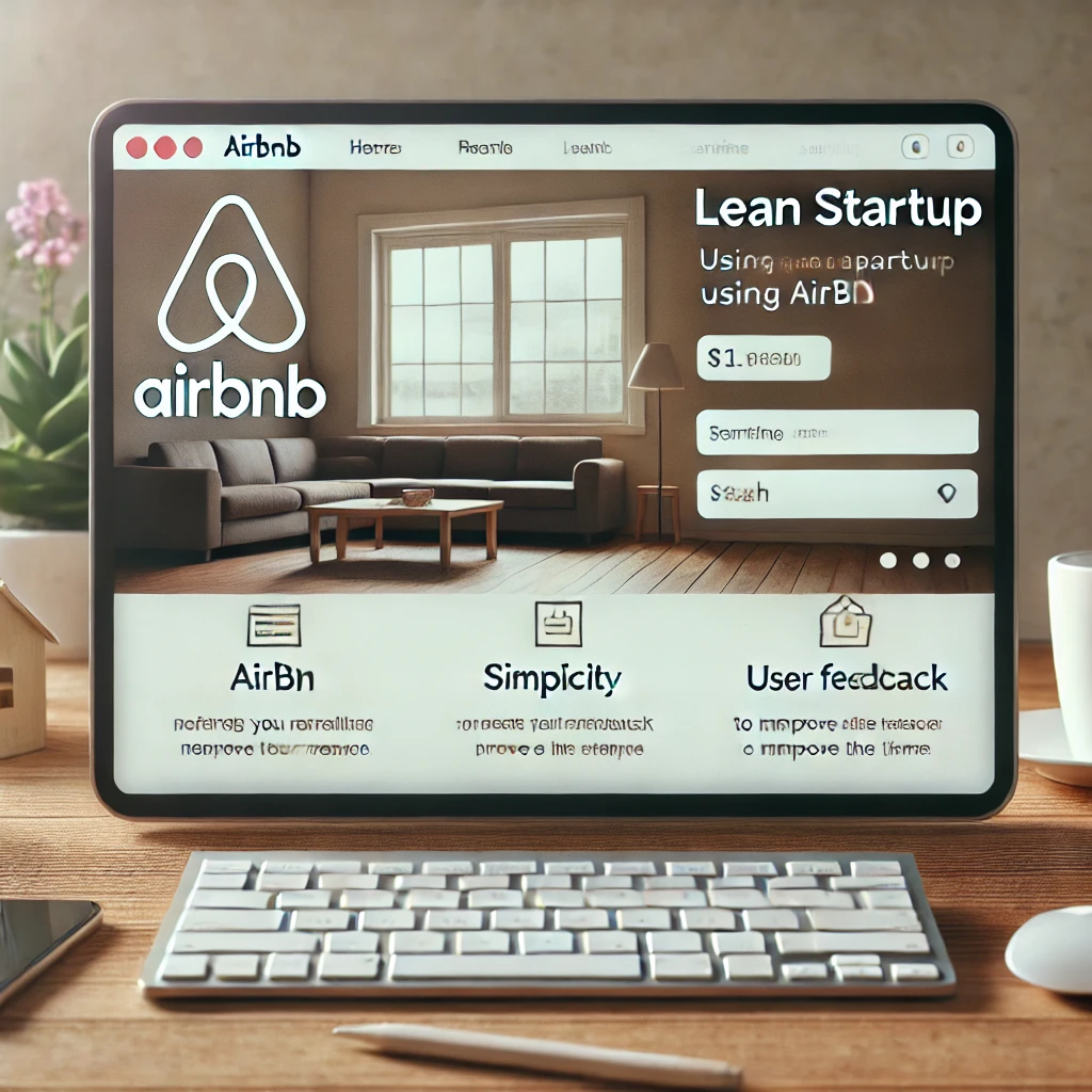 Ejemplo de las startups lean con Airbnb, mostrando un sitio web básico para alquiler de apartamentos, con un enfoque en simplicidad y retroalimentación del usuario para mejorar el servicio