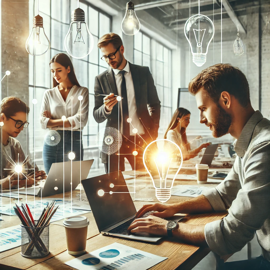 A beautiful horizontal image showing entrepreneurs collaborating in a modern office environment, working on laptops and brainstorming ideas for a startup. The space is clean, professional, and inspiring, representing innovation and teamwork in a startup setting